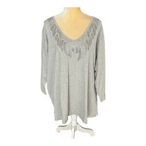 Quacker Factory Gray V-Neck Top with Beadwork Beading NEW NWT Plus Size 3X